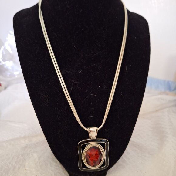 A Double Chain Women's Pendant Necklace Garnet Colored Glass Pendant - Picture 1 of 9